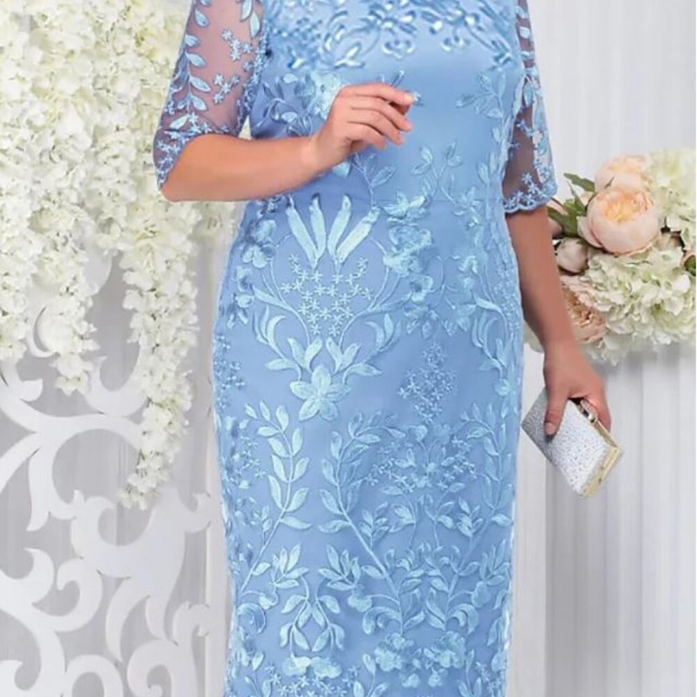 Women Plus Size Short Sleeve Embroidery Floral Gorgeous Dress, Blue, 4XL